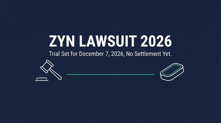 Hero banner for the Zyn lawsuit 2026 update showing the trial date is set with no settlement reached yet.