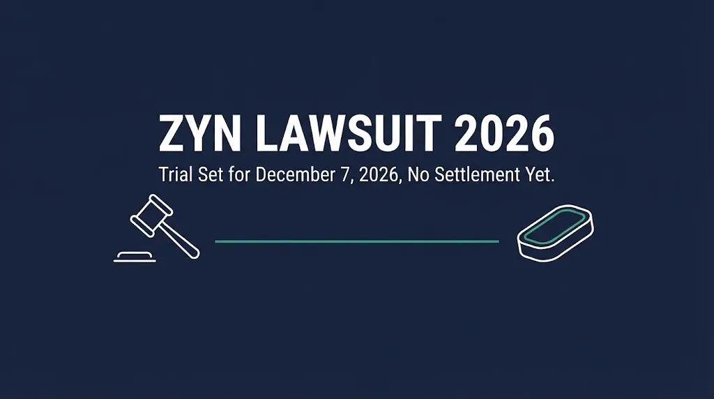 Hero banner for the Zyn lawsuit 2026 update showing the trial date is set with no settlement reached yet.