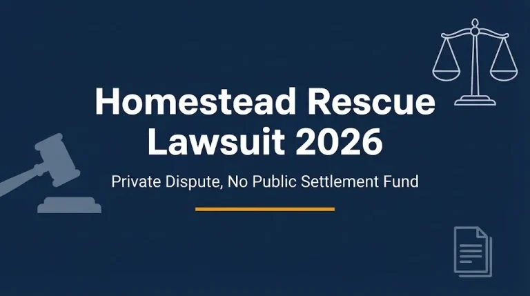 Homestead Rescue lawsuit 2026 banner showing case status and no public settlement fund.