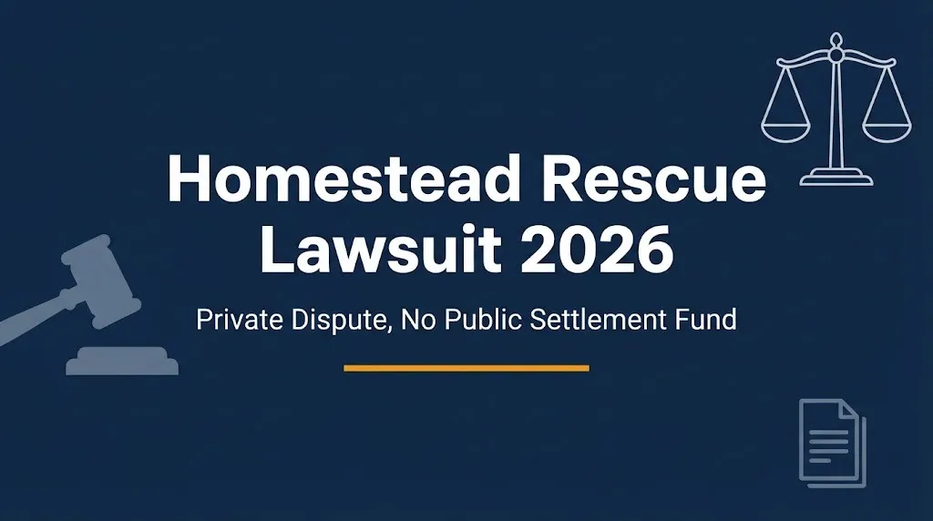 Homestead Rescue lawsuit 2026 banner showing case status and no public settlement fund.