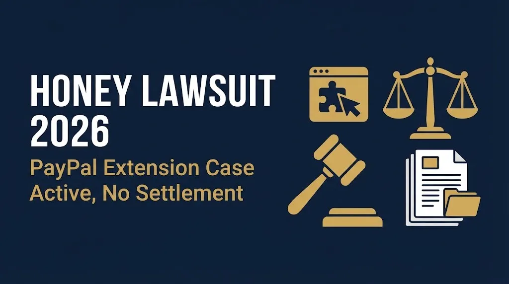 Honey lawsuit 2026 headline with gavel and browser icon showing PayPal extension case active with no settlement.