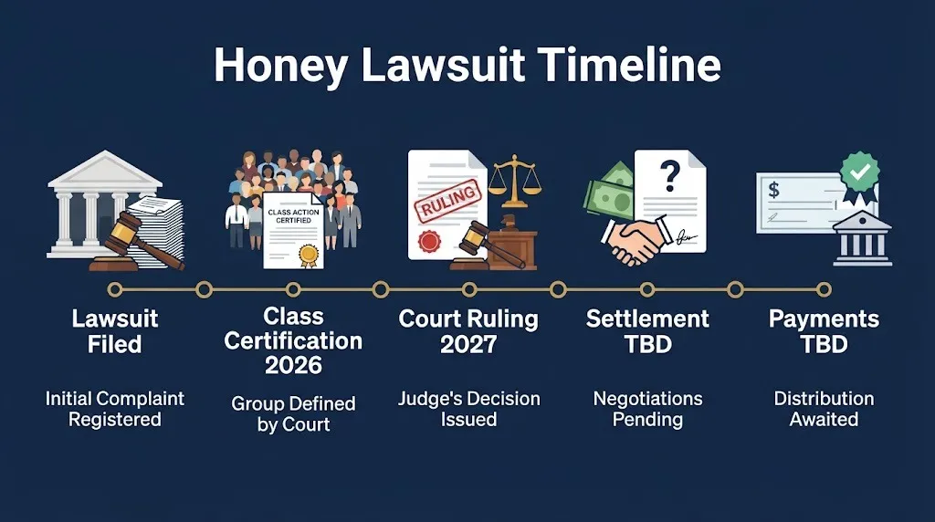 Honey lawsuit timeline from filing through class certification, court ruling, settlement, and payments.