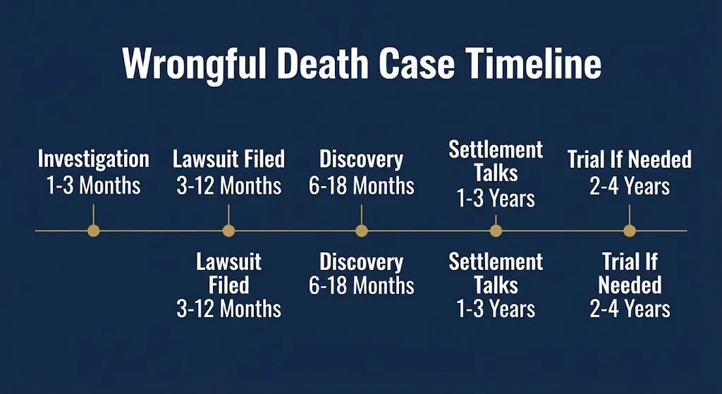 Hospital wrongful death case timeline graphic showing stages from investigation through trial.