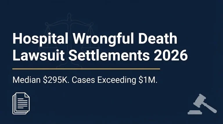 Hospital wrongful death lawsuit settlements 2026 hero banner noting median $295K and cases exceeding $1M.