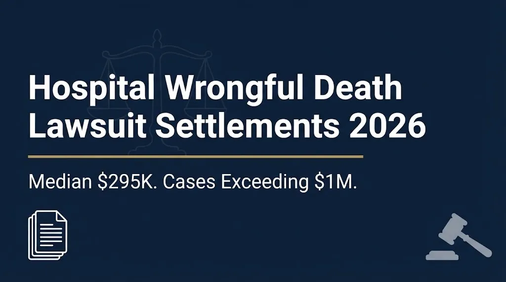 Hospital wrongful death lawsuit settlements 2026 hero banner noting median $295K and cases exceeding $1M.