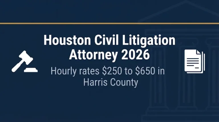 Houston civil litigation attorney 2026 banner showing hourly rate range and legal symbols.
