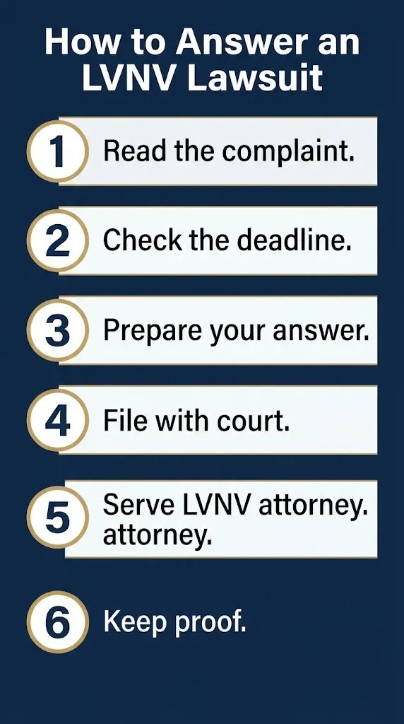 How to answer an LVNV Funding lawsuit in six steps from reading complaint to keeping proof.