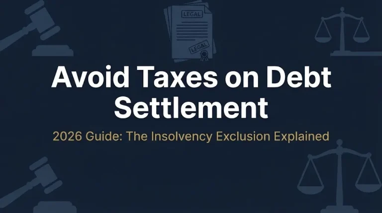 How to avoid paying taxes on debt settlement 2026 banner showing insolvency rule.