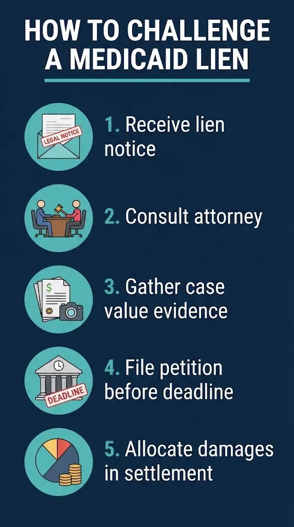 How to challenge a Medicaid lien on your settlement graphic showing five-step process