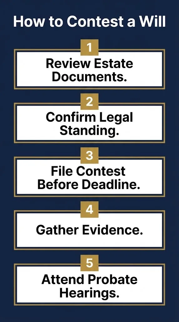 How to contest a will in probate court in five steps from document review to hearings.
