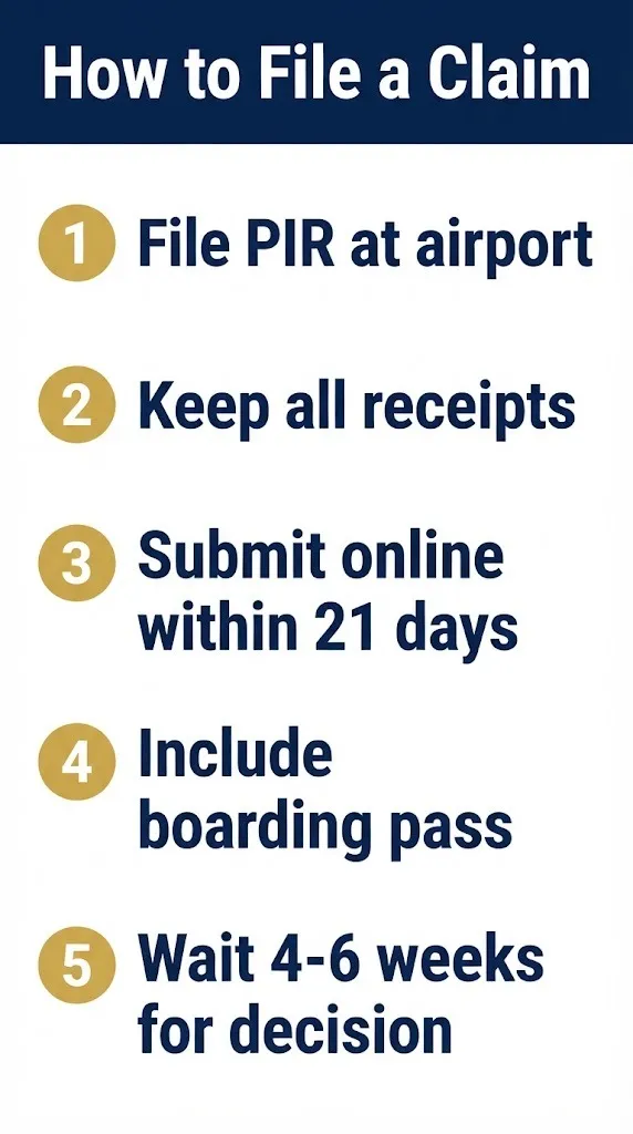 How to file American Airlines delayed baggage compensation claim in five steps with 21-day deadline.