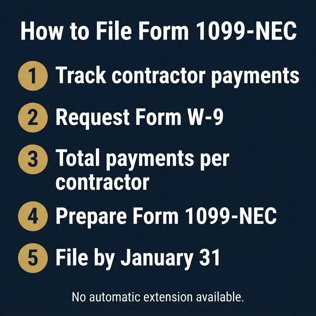 How to file Form 1099-NEC steps for nonemployee compensation reporting in 2026.