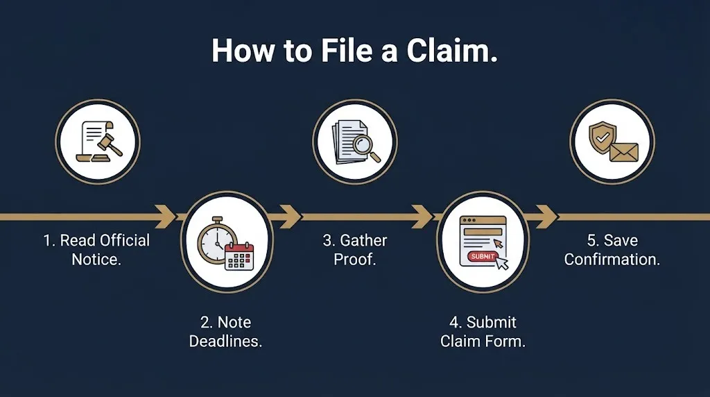 How to file a claim infographic showing five steps from reading notice to saving confirmation.