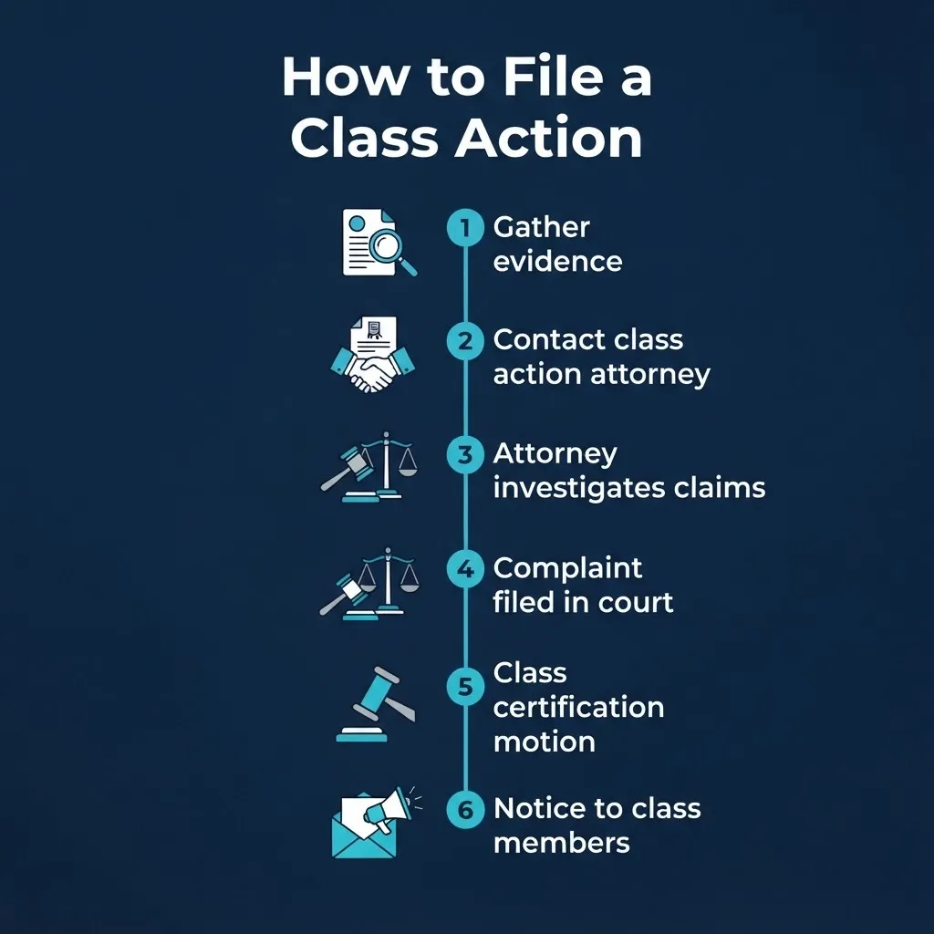 How to file a class action lawsuit step by step guide showing six key stages from evidence to notice.