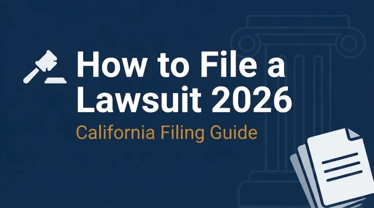 How to file a lawsuit 2026 banner showing California filing guide.