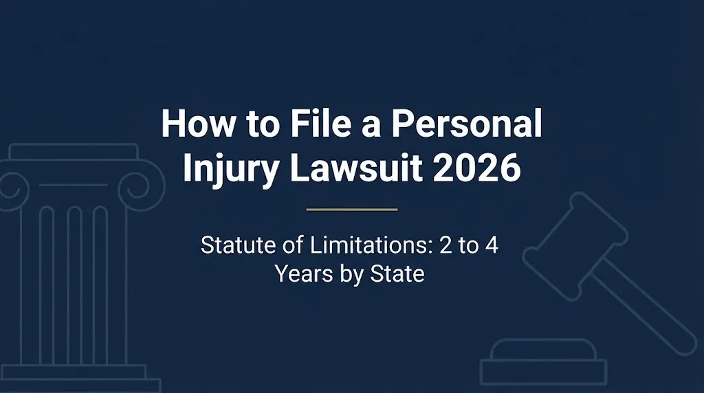 How to file a personal injury lawsuit 2026 banner showing 2 to 4 year statute of limitations.
