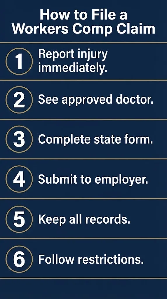 How to file a workers compensation claim in six steps from reporting injury to following restrictions.