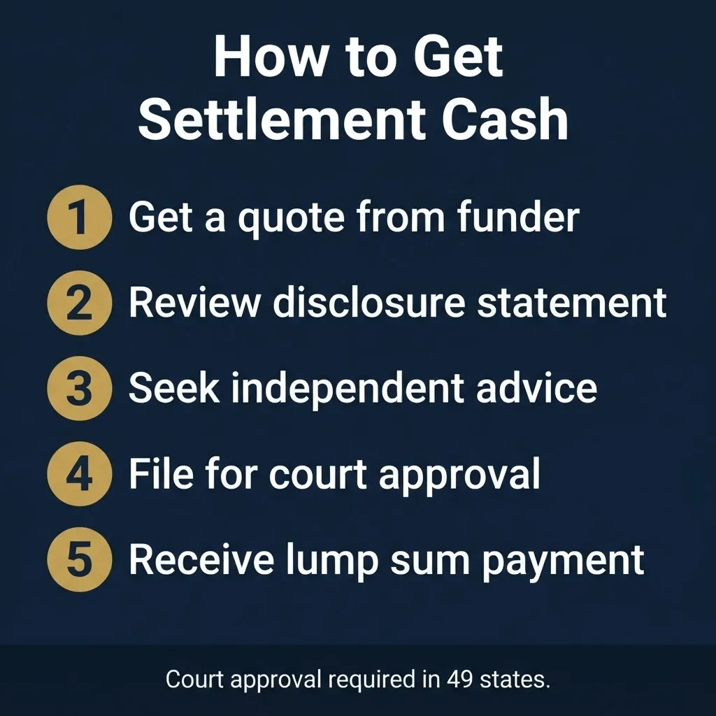 How to get settlement cash now steps showing funding process from quote to court approval.