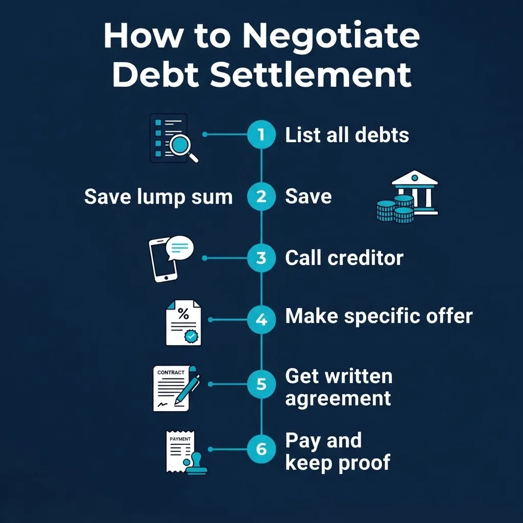 How to negotiate debt settlement on your own step by step guide showing six key actions from listing debts to payment.