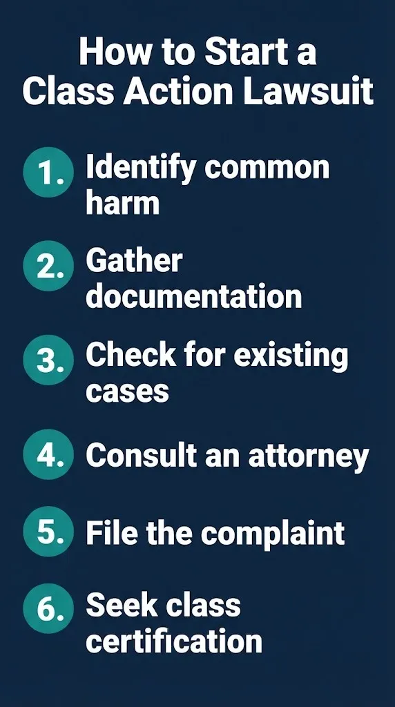 How to start a class action lawsuit step-by-step filing guide with six numbered steps.