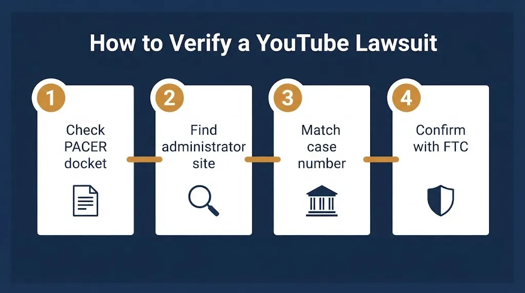 How to verify a YouTube lawsuit in four steps from docket to FTC confirmation