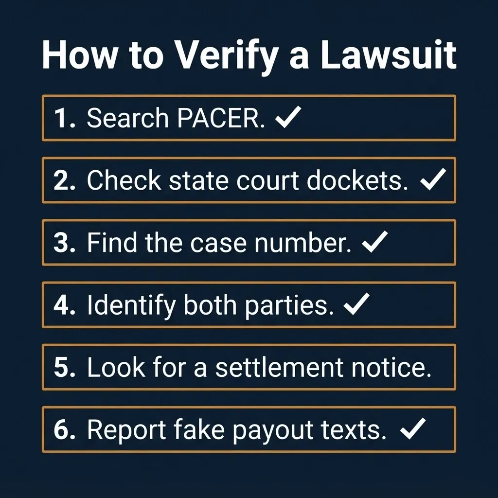How to verify a consumer lawsuit with court docket search steps and fake payout text reporting.