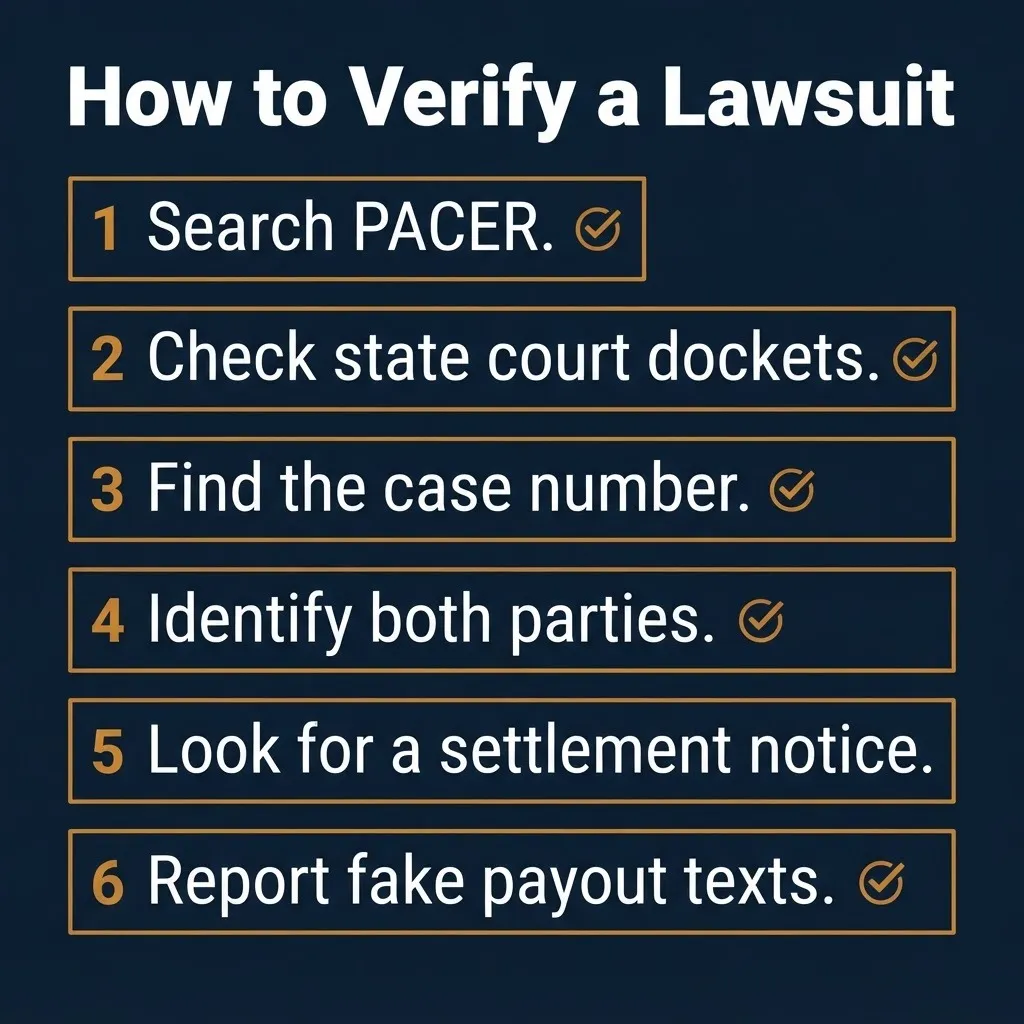 How to verify a consumer lawsuit with court docket search steps and fake payout text reporting.