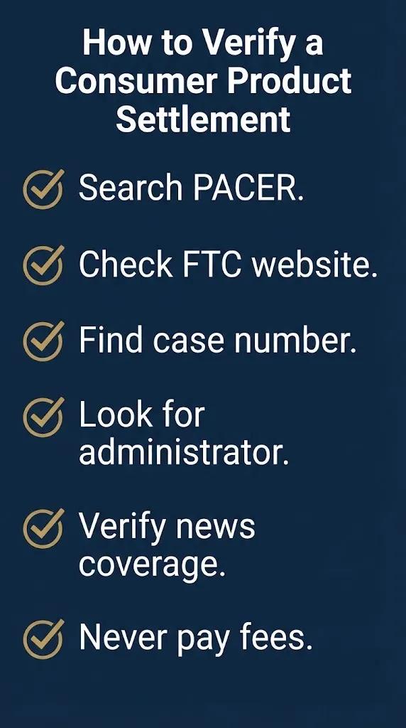 How to verify a consumer product settlement checklist showing six steps to confirm a case before filing a claim.