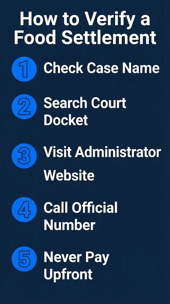 How to verify a food settlement notice in five steps from checking case name to never paying upfront.