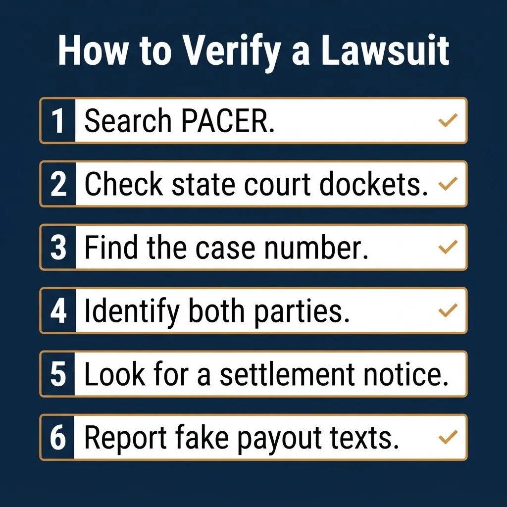 How to verify a lawsuit with court docket search steps and fake payout text reporting. 