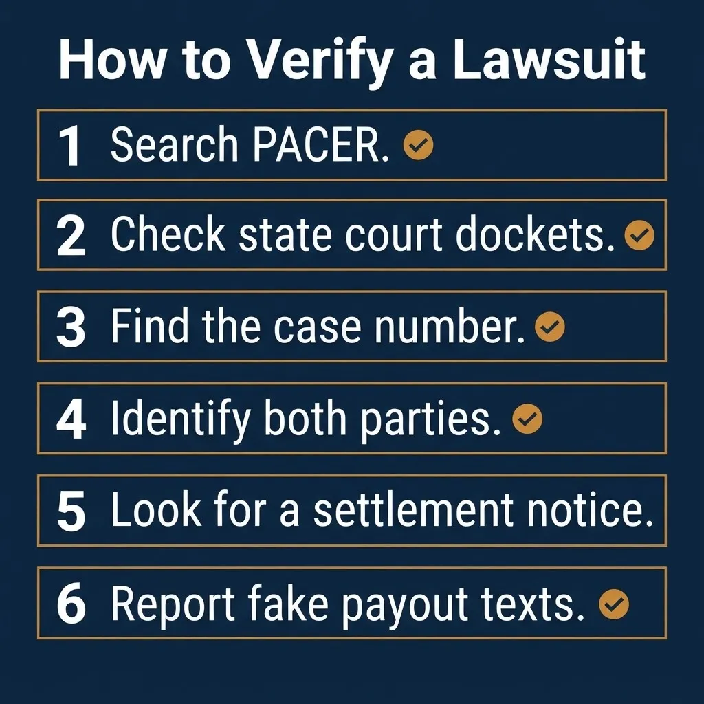 How to verify a lawsuit with court docket search steps and fake payout text reporting.