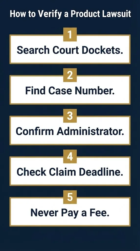 How to verify a product lawsuit settlement in five steps from court docket search to avoiding fees.