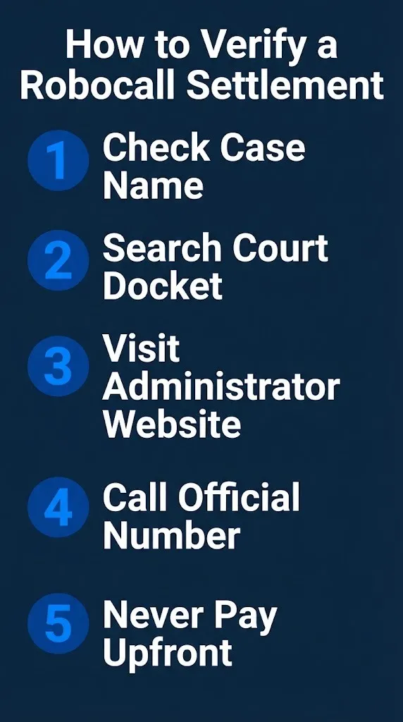 How to verify a robocall settlement notice in five steps from checking case name to never paying upfront.