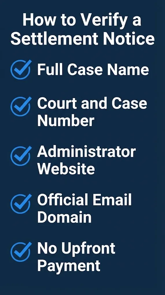 How to verify a settlement notice checklist showing five steps to confirm legitimacy of CVS claims.