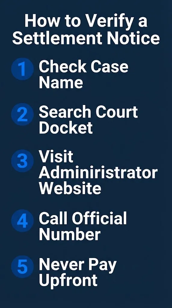 How to verify a settlement notice in five steps from checking case name to never paying upfront.