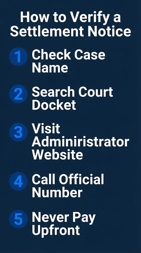 How to verify a settlement notice in five steps from checking case name to never paying upfront.