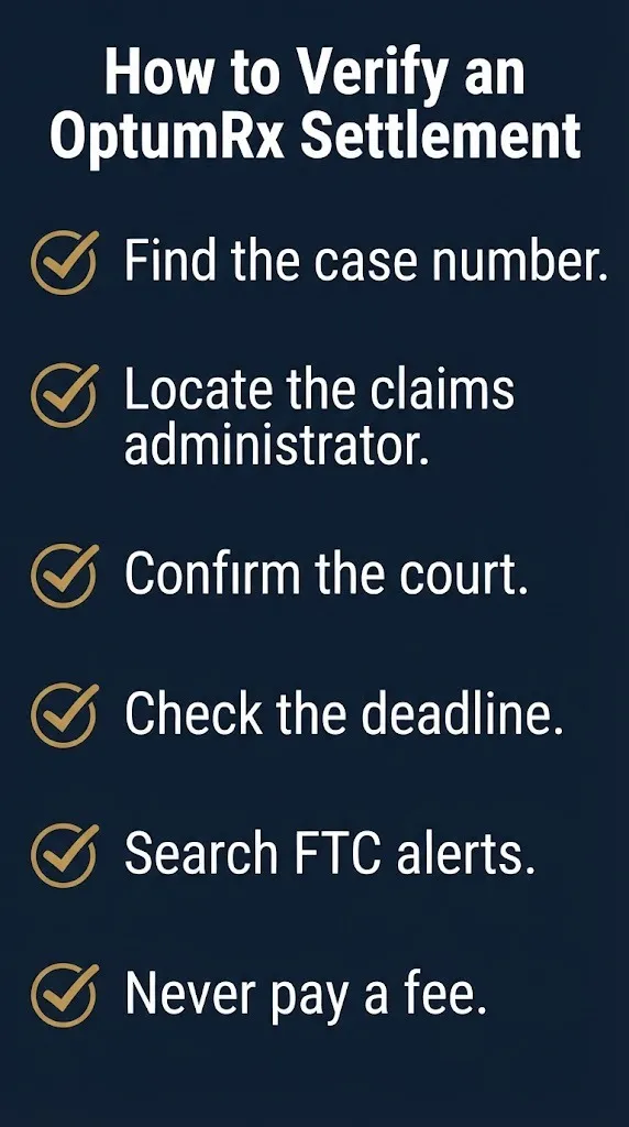 How to verify an OptumRx settlement checklist showing six steps to confirm legitimacy before filing a claim.