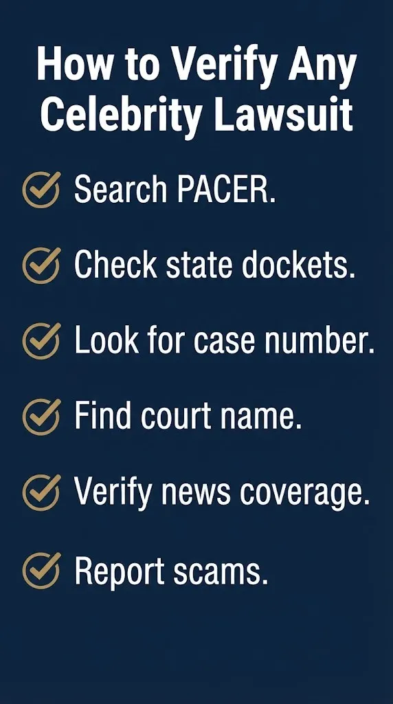 How to verify any celebrity lawsuit checklist showing six steps to confirm a case is real before believing it.