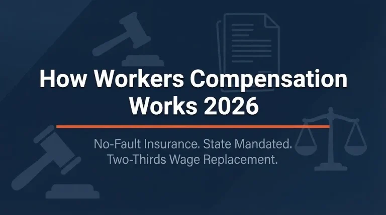 How workers compensation works in 2026 banner showing no-fault insurance and wage replacement facts.