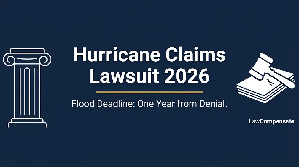 Hurricane claims lawsuit 2026 banner showing flood deadline of one year from denial with legal icons.