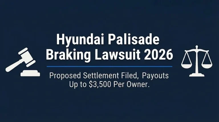 Hyundai Palisade braking lawsuit 2026 banner showing proposed settlement with payouts up to $3,500 per owner.