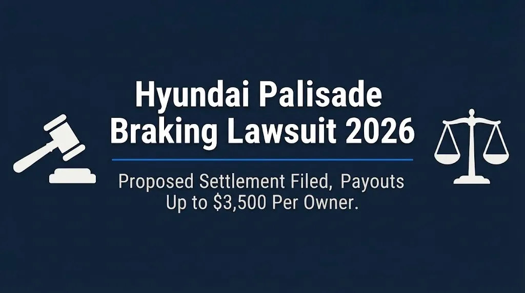 Hyundai Palisade braking lawsuit 2026 banner showing proposed settlement with payouts up to $3,500 per owner.