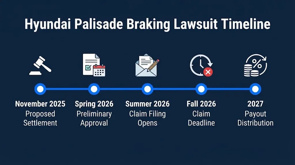 Hyundai Palisade braking lawsuit 2026 timeline showing proposed settlement through expected payout distribution.