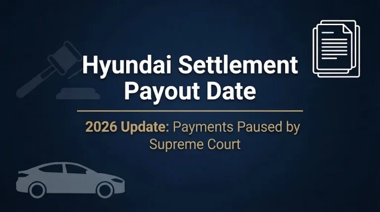 Hyundai settlement payout date 2026 banner showing payments paused by Supreme Court appeal.