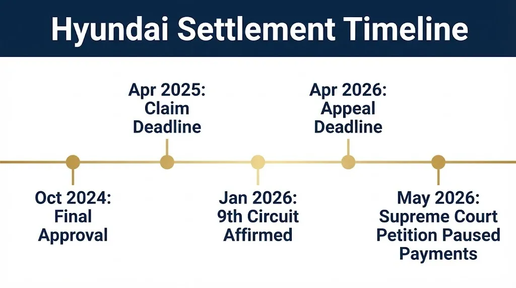 Hyundai settlement timeline showing 2024 approval, 2025 claim deadline, and 2026 Supreme Court delay.
