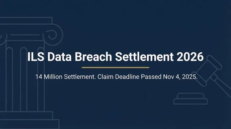ILS data breach settlement 2026 banner showing $14 million fund and passed November 2025 claim deadline.