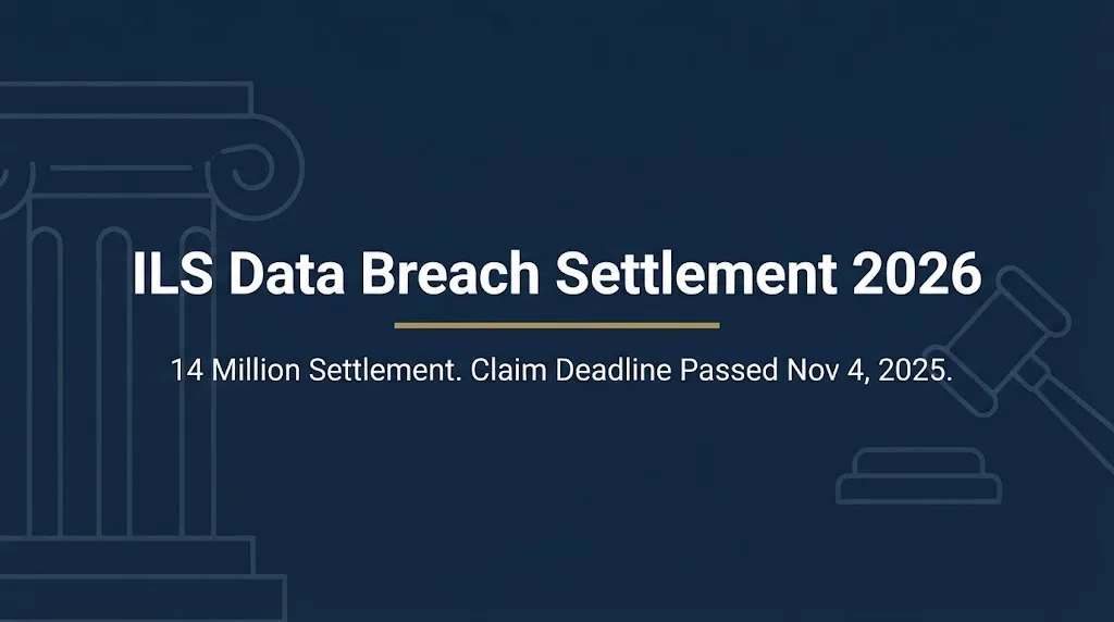 ILS data breach settlement 2026 banner showing $14 million fund and passed November 2025 claim deadline.