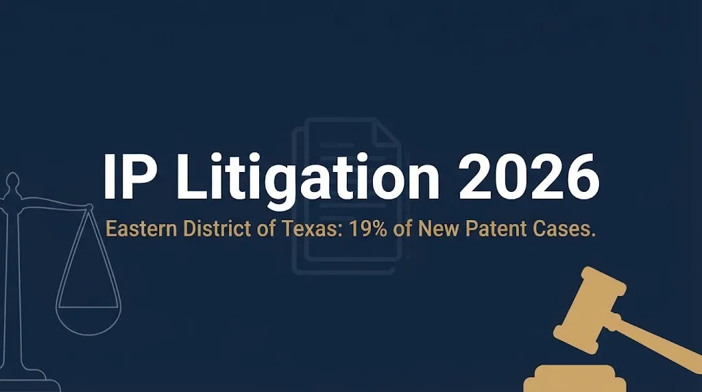 IP litigation 2026 hero banner showing top patent venue and legal symbols.