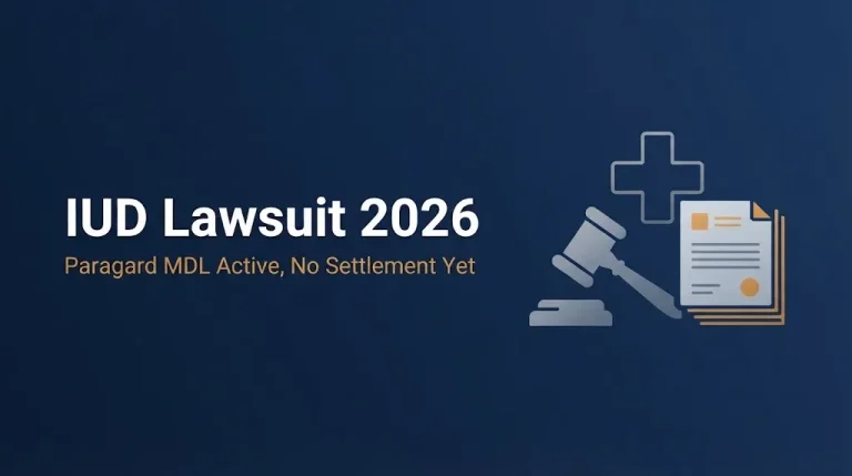 IUD lawsuit 2026 banner showing Paragard litigation status with gavel and medical cross graphics.
