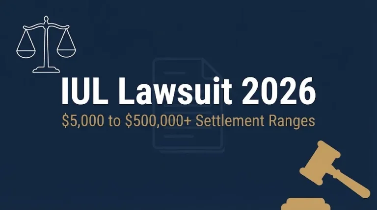 IUL lawsuit 2026 hero banner showing settlement ranges and legal symbols.